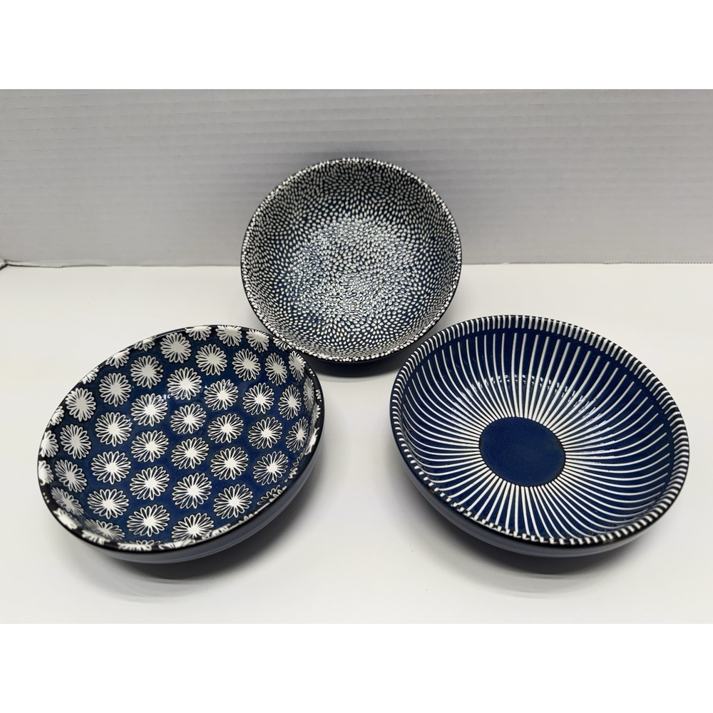 3 Creative Co-Op Stoneware Dipping Bowls Blue White Japanese Pattern EUC!